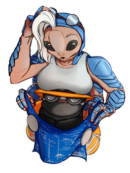 4_arms anthro armor big_breasts black_clothing black_eyes blue_body blue_exoskeleton breasts clothing engineer_(profession) exoskeleton face_shield female hair hard_hat headgear helmet male male/female mask multi_arm multi_limb orange_clothing shell simple_background welding_mask white_hair dreamernyau factorio wube_software alien arthropod biter_(factorio) human insect mammal digital_drawing_(artwork) digital_media_(artwork) hi_res