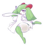 anthro big_breasts blush breasts clothing diaper featureless_breasts feces female green_hair hair open_mouth red_eyes simple_background soiled_diaper soiling solo unclean_diaper used_diaper white_diaper dljoe nintendo pokemon generation_3_pokemon kirlia pokemon_(species)