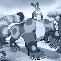 5_fingers 5_toes belly cheek_tuft claws complex_markings countershade_arms countershade_belly countershade_paws countershading dewclaw eye_bags facial_tuft feet fingers fluffy fluffy_chest fluffy_tail forest forest_background large_lower_body log long_ears long_tail macro male markings muscular nature nature_background neck_tuft outside paws pecs plant raised_paw shaded_sketch small_upper_body solo spots striped_markings striped_tail stripes tail tail_markings three-quarter_view toes tree tuft walking whiskers wood blurthefur quote_(quotethequiet) ailurid hare hybrid lagomorph leporid mammal red_panda taur 1:1 2026 hi_res monochrome signature sketch