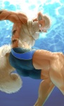 anthro anthrofied blush brown_body brown_fur brown_nose clothed clothing day fluffy fluffy_tail fur hair light looking_aside looking_at_viewer looking_down low-angle_view male muscular muscular_anthro muscular_male orange_body orange_fur outside pokemorph red_eyes short_hair solo stripes sunlight swimwear tail topless underwater water biri riot41 nintendo pokemon canid canine generation_1_pokemon growlithe mammal pokemon_(species)