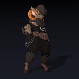 alternative_fashion anthro big_ears chain_jewelry chest_tuft clothing curved_horn eyeshadow femboy fingerless_gloves fishnet_clothing gloves goth hand_on_hip handwear hooves horn makeup male neck_tuft smug_face solo tail tuft undeadkitty13 enoch_(undeadkitty13) bovid caprine mammal sheep hi_res