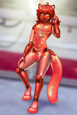 anthro hair joints machine red_hair robotic robotization solo standing translucent translucent_body translucent_tail yellow_eyes nariikhan robot robot_anthro hi_res