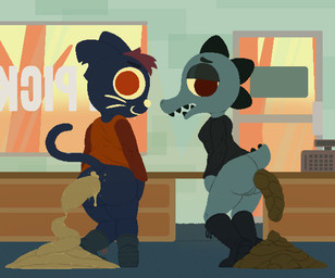 anthro butt clothing duo excessive_feces feces female genitals half-closed_eyes hyper hyper_feces looking_at_viewer looking_back narrowed_eyes open_mouth pooping pooping_together raised_tail scatplay store tail vulva anonymous_artist night_in_the_woods bea_santello mae_borowski crocodile crocodilian domestic_cat felid feline felis mammal reptile scalie