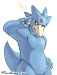 anthro blue_body blue_tail forehead_gem gem gesture hand_on_hip looking_at_viewer male one_eye_closed red_eyes salute simple_background smile solo tail white_background wink winking_at_viewer daviddarient203 nintendo pokemon avian generation_1_pokemon golduck pokemon_(species) 3:4 hi_res watermark