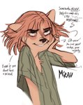 anthro clothing eyebrows female fur hair hand_on_face looking_up messy_hair nightgown pink_body pink_fur pink_hair short_hair smile solo text thick_eyebrows young marcie_montis mirah_(marcie_montis) ambiguous_species felid mammal english_text hi_res