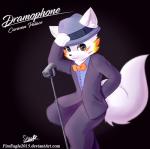 anthro bow_(feature) bow_tie clothing dancing electronics fedora hat headgear headwear male microphone smile solo suit text topwear vest senz lyricwulf canid canine canis mammal wolf hi_res url