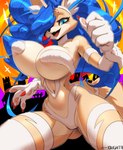 anthro areola big_areola big_breasts big_nipples blue_eyes blue_hair breasts cosplay female hair huge_areola huge_breasts huge_nipples looking_at_viewer nipples open_mouth open_smile smile smiling_at_viewer solo oughta capcom darkstalkers felicia_(darkstalkers) marie_(oughta) canid canine fox mammal 2024