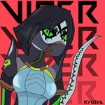 anthro anthrofied black_hair female grey_body hair looking_at_viewer red_background simple_background solo yellow_sclera ryuzka riot_games tencent valorant viper_(valorant) reptile scalie snake viper 1:1 2021 digital_media_(artwork) half-length_portrait hi_res portrait signature