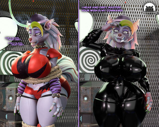 anthro arms_tied bdsm big_breasts black_bodysuit black_clothing black_latex black_skinsuit bodysuit bondage bound breasts claws clothed clothed_anthro clothed_female clothing dialogue drone dronification ear_piercing ear_ring female fur gesture green_hair grey_body grey_fur grey_hair hair huge_breasts hypnosis latex latex_bodysuit latex_clothing latex_skinsuit legs_tied machine master mind_control multicolored_hair piercing restraints ring_piercing rope rope_bondage salute skinsuit solo spiral spiral_eyes text thick_thighs tight_clothing two_tone_hair wide_hips hypnopotamus mayosplash_(modeler) five_nights_at_freddy's five_nights_at_freddy's:_security_breach scottgames steel_wool_studios roxanne_wolf animatronic canid canine canis mammal robot wolf 2024 3d_(artwork) 5:4 digital_media_(artwork) english_text hi_res