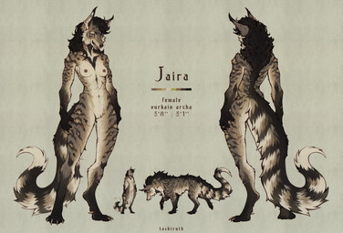 anthro black_body black_fur black_hair black_paws black_stripes breasts brown_body brown_fur carnivorous claws facial_scar fangs fangs_bared fantasy female feral finger_claws fur green_eyes hair inner_ear_fluff mane mane_hair metamorph original_race scar simple_background solo standing striped_body stripes tail tassels teeth toe_claws tuft vurkain white_body white_fur tashiroth canid canine mammal hi_res model_sheet