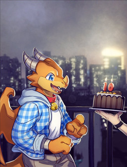 anthro bell bell_collar blue_clothing blue_eyes blue_topwear bottomwear cake candle clothed clothing collar dessert duo facial_horn food glistening glistening_eyes grey_bottomwear grey_clothing grey_horn grey_pants happy horn male membrane_(anatomy) membranous_wings nose_horn open_mouth open_smile orange_body orange_wings outside pants pink_tongue red_collar smile solo_focus standing tail three-quarter_view tongue topwear unsigned white_clothing white_topwear wings yellow_body yellow_horn asnnonaka mythology dragon mythological_creature mythological_scalie scalie