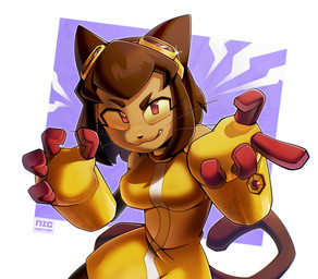 4_fingers anthro breasts brown_body brown_hair clothing eyebrows eyelashes eyewear eyewear_on_head female fingers goggles goggles_on_head hair looking_at_viewer red_eyes smile solo text whiskers yellow_clothing yellow_sclera thatbirdguy gameoverse glitch_productions kit_bodega domestic_cat felid feline felis mammal 2026 absurd_res hi_res