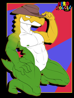 4_fingers abs anthro back_spikes biceps body_spikes brown_clothing brown_hat brown_headgear brown_headwear candy clothing countershade_face countershade_torso countershading cowboy_hat dessert fingers food gradient_body green_body green_nipples gummy_(food) half-closed_eyes hand_on_hat hand_on_leg hand_on_own_leg hand_on_own_thigh hand_on_thigh hat hat_only headgear headgear_only headwear headwear_only kneeling male mismatched_nipples mostly_nude multicolored_body muscular muscular_anthro muscular_male narrowed_eyes nipples non-mammal_nipples pecs pose short_tail simple_background smile solo spiked_tail spikes spikes_(anatomy) squint tail tipping_hat white_body white_eyes yellow_body yellow_nipples ner0_kobold glitch_productions the_amazing_digital_circus gummigoo_(tadc) alligatorid crocodilian food_creature gummy_creature living_candy reptile scalie 2026 3:4 absurd_res colored digital_drawing_(artwork) digital_media_(artwork) english_description hi_res signature watermark