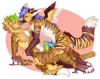 anthro blonde_hair blue_hair claws duo feet frottage fur genitals goo_transformation green_hair hair horn male male/male paws penile penis penises_touching sex slime tail transformation wings yellow_body yellow_fur gnolub mythology hene bovid caprine dragon goat hyena mammal mythological_creature mythological_scalie scalie striped_hyena hi_res