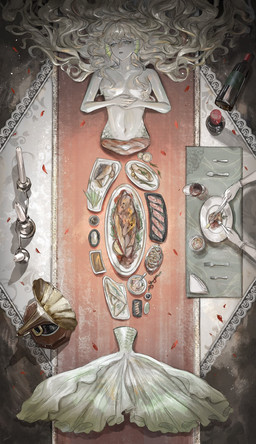 alcohol beverage breasts candle character_prepared_as_food cutlery female fin food fork fruit gore hair humanoid_prepared_as_food kitchen_utensils lace lemon navel plant solo spinal_cord split_form spoon tail tools wine mei_mezu aquatic humanoid merfolk digital_media_(artwork) hi_res