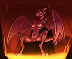 anthro areola breasts cave crossed_arms detailed_background female genitals glowing glowing_eyes grumpy hell lava looking_at_viewer membrane_(anatomy) membranous_wings nipples pussy red_body sitting solo spread_legs spread_wings spreading stalactite wings yellow_eyes bassybefuddle conditional_dnp satina_(series) lucia_(satina) demon humanoid 2020 hi_res