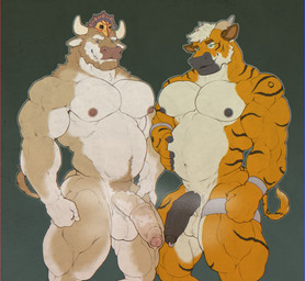 anthro balls beard belly biceps big_balls big_penis black_nipples body_hair bone bone_mask bovine_tail brown_body brown_nipples duo facial_hair foreskin genital_piercing genitals happy_trail horn hybrid_genitalia hybrid_penis looking_at_viewer male male/male mask medial_ring musclegut muscular muscular_male musk musk_cloud navel nipples nude orange_body pecs penis penis_piercing piercing prince_albert_piercing skull skull_mask standing thick_thighs transformation vein veiny_penis vitiligo gryblak alaskan_malamute bovid bovine canid canine canis domestic_dog felid hybrid mammal nordic_sled_dog pantherine spitz tiger absurd_res hi_res