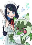 ambiguous_gender anthro black_hair blue_eyes blush blush_lines bodily_fluids claws cleaning_tool clothing duo fangs female fur green_body green_fur hair holding_object looking_at_viewer maid_apron maid_hat maid_headdress maid_uniform one_eye_half-closed open_mouth pink_eyes simple_background sweat tail teeth uniform krmmap nintendo pokemon liko_(pokemon) felid feline floragato generation_9_pokemon human mammal pokemon_(species) 2025 hi_res watermark