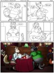 anthro big_breasts breasts clothed clothing date duo female hand_holding hand_on_belly happy hug huge_breasts hyper hyper_pregnancy pregnant pregnant_anthro pregnant_female restaurant romantic romantic_couple smile tail text duo_radon squeakie dekopuma canid canine canis coyote felid fox leopard mammal pantherine comic english_text hi_res