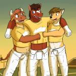 anthro football_player group horn hug male outside fuze texnatsu blake_jackson mond_reyes ty_conrad bovid bovine canid canine canis cattle coyote equid equine horse mammal 1:1 hi_res