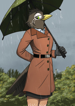 anthro bottomwear clothing coat collared_shirt dress_shirt female holding_object holding_umbrella outside pose raining shirt skirt solo topwear trenchcoat umbrella fish_birb robin_(fish_birb) american_robin avian bird oscine passerine robin_(bird) thrush_(bird) true_thrush absurd_res hi_res