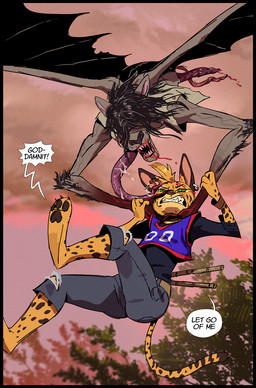 3_toes action_pose anthro arnis barefoot bat_wings belt bisected black_hair blood blood_in_mouth blood_on_face bodily_fluids bottomwear bracelet brown_body brown_fur brown_pawpads carrying_another claws clenched_teeth clothing collar denim denim_bottomwear denim_clothing detailed_background dialogue duo ear_piercing ear_ring feet female fur gore green_eyes guts hair hair_over_eyes head_tuft intestines jeans jersey jewelry long_sleeves long_tail long_tongue looking_at_another markings membrane_(anatomy) membranous_wings midair organs pants pawpads paws piercing pointy_ears pose ring_piercing saliva shirt snout soles speech_bubble spinal_cord spots spotted_body spotted_fur strangling tail teeth text toe_claws toes tongue topwear torn_bottomwear torn_clothing torn_jeans torn_pants tuft wings yellow_body yellow_fur ruffu pepper_in_the_sandbox philippine_mythology pepper_(ruffu) felid feline mammal manananggal serval 2025 colored detailed digital_drawing_(artwork) digital_media_(artwork) english_text shaded