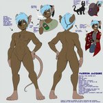 anthro blue_hair eye_patch eyewear hair male merchant scar smoking solo tail text skidd uberquest farron_jacques alien fera_(uberquest) mammal mimic murid murine rat rodent 1:1 english_text hi_res model_sheet