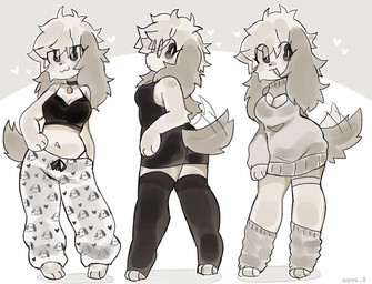 anthro big_breasts black_body black_clothing black_eyes black_legwear black_thigh_highs breasts clothed clothed_anthro clothed_female clothing collar collar_tag dark_ears dark_tail dress eyeliner eyewear female female_anthro floppy_ears fur glasses grey_clothing hair leg_warmers legwear long_ears looking_back lop_ears makeup messy_hair multiple_outfits multiple_poses navel pajamas pattern_clothing pose shirt simple_background smug_face solo sweater tail tail_motion tailwag tan_body tan_fur tank_top thigh_highs thong_straps topwear virgin_killer_sweater wide_hips uovo meme_clothing peanuts_(comic) snoopy ume_(uovo) canid canine canis domestic_dog mammal 2025 digital_drawing_(artwork) digital_media_(artwork) hi_res meme