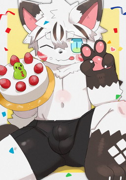 4_fingers anthro belly_blush biped black_bottomwear black_clothing black_nose black_shorts blep blue_eyes blush blush_lines body_blush border bottomwear brown_body brown_ear_tips brown_fur brown_highlights bulge cake claws clothed clothed_anthro clothed_male clothing confetti dessert detailed_bulge dipstick_ears ear_markings eyebrow_through_hair eyebrows feet finger_claws fingers food fur gesture glistening glistening_eyes gloves_(marking) green_eyes hair hand_gesture highlights_(coloring) holding_cake holding_food holding_object knee_blush leg_markings looking_at_viewer male male_anthro markings mouth_closed multicolored_body multicolored_ears multicolored_eyes multicolored_fur navel neck_tuft one_eye_closed outside_border pawpads pink_inner_ear pink_pawpads pointy_ears prick_ears red_markings shorts shorts_only simple_background sitting socks_(marking) solo spandex spandex_shorts tail teeth tight_bottomwear tight_clothing tight_shorts toe_claws toes tongue tongue_out topless topless_anthro topless_male translucent translucent_hair tuft two_tone_eyes v_sign white_body white_border white_eyebrows white_fur white_hair white_tail wink winking_at_viewer yellow_background young young_anthro young_male dinogaize canid canine mammal 2025 digital_media_(artwork) hi_res