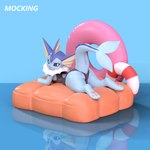 black_clothing black_sclera black_swimwear blue_background blue_body clothing female feral lying on_front one-piece_swimsuit pawpads pink_pawpads simple_background solo swimwear tail text mockingldplayer nintendo pokemon eeveelution generation_1_pokemon pokemon_(species) vaporeon hi_res