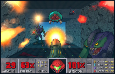 arm_cannon armor detailed_background female first_person_view group headgear heads_up_display helmet male not_furry open_mouth text wata-ridley doom_(series) id_software metroid microsoft nintendo samus_aran alien metroid_(species) space_pirate_(species) crossover english_text