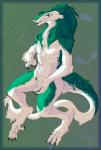 anthro black_eyes blue_sclera claws featureless_crotch fur green_background green_body green_fur green_hair hair long_hair looking_at_viewer male nude simple_background solo tail tail_tuft toe_claws tuft white_body white_fur rayley excidium sergal 2017