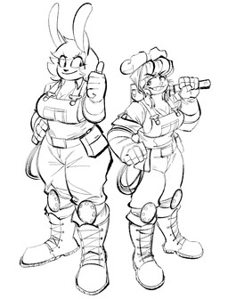 anthro big_breasts boots breasts cleavage clothed clothing collared_shirt combat_boots duo female footwear gesture gloves hand_gesture hand_on_hip handwear kerchief knee_pads looking_at_another overalls rolled_up_sleeves shirt shoes simple_background smile thick_thighs thumbs_up tool_belt tools topwear wrench the-hydroxian team_fortress_2 valve engineer_(team_fortress_2) granbun sunday_(mcsweezy) lagomorph leporid mammal rabbit absurd_res black_and_white hi_res line_art monochrome