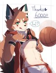 4_fingers anthro athletic athletic_anthro athletic_male ball basketball_(ball) black_nose blush bottomwear cheek_tuft chest_tuft claws clothed clothing clothing_lift competition_number crotch_tuft dialogue dipstick_tail eye_markings facial_tuft fingers fluffy fur green_eyes head_tuft heart_after_text heart_symbol inner_ear_fluff jersey kemono leaning leaning_backward licking licking_lips licking_own_lips looking_at_viewer male markings midriff milestone multicolored_body multicolored_fur multicolored_tail neck_tuft number number_on_clothing number_on_jersey number_on_topwear number_print orange_body orange_fur partially_clothed print_clothing print_jersey print_topwear raised_clothing raised_shirt raised_topwear seductive self_lick shirt shirt_lift shorts simple_background solo speech_bubble standing tail tail_markings text text_with_heart tongue tongue_out topwear tuft white_background white_body white_fur nekojita foxy_(nekojita) canid canine fox mammal english_text hi_res