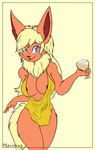 alcohol anthro beverage black_nose blonde_hair blue_eyes bread breasts champagne cheek_tuft chest_tuft cleavage clothed clothing container cup dress facial_tuft female fluffy fluffy_tail food fur hair holding_object long_ears long_hair long_tail markings mole_(marking) nipple_slip nipples open_mouth orange_body orange_fur simple_background solo tail toast tuft yellow_clothing yellow_dress maximus_sun nintendo pokemon koriand_wildfire eeveelution flareon generation_1_pokemon pokemon_(species) 2020 absurd_res hi_res signature