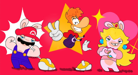 4_fingers anthro big_nose black_eyebrows black_eyes black_facial_hair black_mustache blonde_hair blue_clothing blue_ear_piercing blue_eyes blue_overalls blush blush_lines bottomless bottomless_anthro bottomless_female button_(fastener) clothed clothed_anthro clothed_female clothed_humanoid clothed_male clothing conjoined_eyes crown ear_piercing eyebrows facial_hair featureless_crotch featureless_legs female female_anthro fingers fist flexing flexing_bicep flexing_both_biceps floating_hands floating_head floating_torso footwear fur gem gesture group hair half-closed_eyes hand_gesture hat headgear headwear heart_gesture heart_symbol hoodie larger_humanoid larger_male long_ears long_hair male male_anthro mitten_hands multicolored_body muscular muscular_anthro muscular_male mustache narrowed_eyes noseless open_mouth open_smile overalls piercing pink_body pink_clothing pink_fur pink_shirt pink_topwear purple_clothing purple_hoodie purple_topwear red_background red_clothing red_hat red_headwear ruby_(gem) shirt shirtless_anthro shirtless_male shoes short_legs simple_background size_difference smaller_anthro smaller_female smaller_male smile smiling_at_viewer sparkles star_(shape) tan_body tan_eyelids tan_fur tan_inner_ear teeth text tooth_gap toothpick toothpick_in_mouth topwear trio two_tone_body v_sign yellow_clothing yellow_footwear yellow_shoes vampkettleartz mario_bros mario_plus_rabbids_kingdom_battle mario_plus_rabbids_sparks_of_hope nintendo raving_rabbids rayman_(series) ubisoft rabbid_mario rabbid_peach rayman humanoid lagomorph mammal rabbid raypeople_(rayman) 2023 artist_name colored crossover digital_drawing_(artwork) digital_media_(artwork) english_description hi_res shaded simple_shading