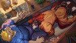 all_fours anthro barazoku biped black_body blonde_hair bulge clothing detailed_bulge duo_focus eyewear face_on_crotch faceless_character frown furniture genital_outline glasses group hair high-angle_view male male/male male_anthro overweight pen penis_outline photo_on_table police police_uniform prison_uniform public red_hair table trash_can trio uniform white_body littef asgard_(asgardxq) bear felid mammal pantherine tiger 16:9 widescreen