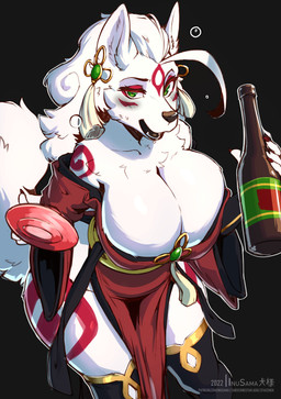 alcohol anthro anthrofied asian_clothing beverage big_breasts bottle breasts bubble cleavage clothed clothing container curvy_figure drunk drunk_bubble ear_piercing east_asian_clothing female fur green_eyes hair holding_object huge_breasts japanese_clothing kimono legwear looking_at_viewer markings piercing red_markings simple_background solo stockings substance_intoxication text thick_thighs voluptuous white_body white_fur white_hair inu-sama capcom clover_studio okami_(capcom) amaterasu_(okami) canid canine canis deity mammal wolf 2022 absurd_res hi_res url
