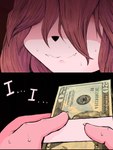 absurd_res anthro bangs bodily_fluids brown_hair canid canine canis comic covered_eyes cute_fangs domestic_dog english_text female hair hi_res holding_money holding_object homeless_dog long_bangs mammal money pink_body ponporio_(artist) simple_background solo sweat text