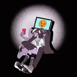 breasts cellphone claws duo electronics female for_a_head hair holding_object male male/female open_mouth open_smile phone screen screen_face simple_background smile television tongue o3t hazbin_hotel hellaverse velvette_(hazbin_hotel) vox_(hazbin_hotel) demon humanoid object_head screen_head tv_head 1:1 hi_res