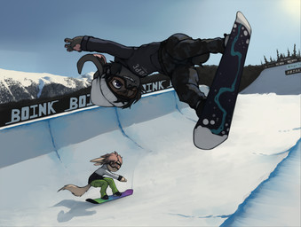 anthro biped black_bottomwear black_clothing black_topwear bottomwear brown_body clothed clothing depth_of_field duo foreshortening fully_clothed goggles_on_face green_bottomwear green_clothing hair hat headgear headwear male midair mountain pawpads pink_pawpads shirt snow snowboard snowboarding sport tan_body tan_hair text text_on_clothing text_on_shirt text_on_topwear topwear white_clothing white_hat white_headwear white_topwear wind winter marsminer made_in_abyss narehate digital_media_(artwork) full-length_portrait hi_res portrait