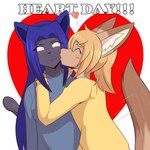 anthro blonde_hair blue_hair blush clothed clothing duo female fur grey_body hair heart_symbol holidays hug kissing kissing_cheek multicolored_body multicolored_fur rosy_cheeks simple_background tail text flyingtrace valentine's_day june_(flyingtrace) yazz_(flyingtrace) canid canine domestic_cat felid feline felis fennec_fox fox mammal true_fox 1:1 2025 digital_media_(artwork) english_text hi_res shaded signature gynomorph_(lore) trans_(lore) trans_woman_(lore)