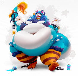 ambiguous_gender anthro belly belly_overhang beverage_can big_belly bikini bikini_top blue_body blue_hair bra breasts chain clothing cracked_ground feet female front_view hair horn huge_belly legwear looking_at_viewer morbidly_obese morbidly_obese_anthro morbidly_obese_female navel obese obese_anthro obese_female overweight overweight_anthro overweight_female pattern_clothing pattern_legwear ring solo stockings striped_clothing striped_legwear stripes swimwear tail thick_tail toes two-piece_swimsuit underwear white_body miluinaoxie mythology dragon mythological_creature mythological_scalie scalie hi_res