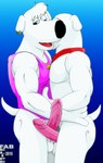 anthro balls black_nose bottomless bottomless_anthro bottomless_male butt clothed clothing collar collar_tag duo ear_piercing ear_ring erection fur genitals hair hands_on_another's_hip male muscular muscular_anthro muscular_male one_eye_closed open_mouth open_smile penis piercing pink_clothing pink_shirt pink_tank_top pink_topwear red_collar red_tongue ring_piercing shirt side_butt smile snout tail tank_top tongue topwear white_body white_fur white_hair fabfelipe family_guy brian_griffin jasper_(family_guy) canid canine canis domestic_dog mammal 2010 digital_drawing_(artwork) digital_media_(artwork) cousins_(lore)