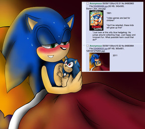anthro blue_body blue_fur blush commentary duo fur humor male neonate solo_focus text the_truth young unknown_artist 4chan sega sonic_the_hedgehog_(series) sonic_the_hedgehog eulipotyphlan hedgehog mammal digital_media_(artwork) english_text
