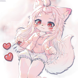 4_fingers anthro biped black_nose blush blush_lines bow_panties bow_underwear boy_shorts claws clothed clothed_anthro clothed_female clothing collared_shirt dipstick_ears ear_markings eyebrows eyelashes facial_markings female female_anthro fingers fluffy fluffy_tail frilly frilly_clothing frilly_panties frilly_underwear fur glistening glistening_eyes hair head_markings heart_symbol inner_ear_fluff long_hair long_sleeves looking_down markings multicolored_body multicolored_ears multicolored_fur panties pantsless pantsless_anthro pantsless_female pawpads pink_body pink_clothing pink_ear_tips pink_eyes pink_fur pink_shirt pink_topwear red_pawpads shirt small_nose solo striped_face stripes tail text topwear tuft underwear white_body white_clothing white_fur white_inner_ear_fluff white_panties white_underwear young young_anthro young_female angrygentoo canid canine fox mammal 1:1 2025 artist_name digital_media_(artwork) hi_res