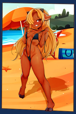 anthro beach bedroom_eyes biped black_clothing blonde_hair breasts brown_body camel_toe clothed clothing cloven_hooves detailed_background eyelashes female hair hair_over_eye hooves long_hair looking_at_viewer medium_breasts narrowed_eyes nipple_outline one-piece_swimsuit outside pupils seductive sling_bikini smile solo standing swimwear thick_thighs umbrella ai_assisted ai_generated_background sicmop bovid caprine mammal 2:3 absurd_res alpha_channel hi_res