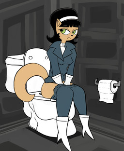 anthro bathroom boots bottomwear bottomwear_down clothed clothing coat female footwear green_eyes pants pants_down partially_clothed pooping pooping_in_toilet public_restroom restroom_stall shoes sitting sitting_on_toilet solo special_agent spy toilet toilet_paper toilet_use topwear uniform noli_(artist) nickelodeon t.u.f.f._puppy kitty_katswell domestic_cat felid feline felis mammal hi_res