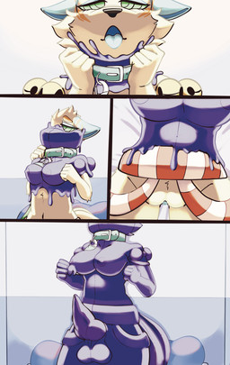 anthro balls black_nose blue_body blue_ears blue_fur breasts cheek_tuft clothing collar facial_tuft fur genitals gynomorph intersex knot latex latex_transformation mind_control multi_tail open_mouth orange_body orange_fur penis tail transformation tuft yellow_body yellow_fur queenrupti vulfe_(hackencraft) fox_spirit absurd_res comic hi_res