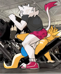 anthro anthro_on_anthro blonde_hair blue_bottomwear blue_clothing bottomwear clothed clothing duo eyes_closed facesitting footwear fur grey_clothing grey_shirt grey_t-shirt grey_topwear hair inside male male/male photo_background red_bottomwear red_clothing red_shorts shirt short_hair shorts sitting_on_another t-shirt tail tail_tuft topwear tuft white_body white_clothing white_fur white_topwear yellow_body yellow_fur solaxe_(artist) leg_press_redraw_(meme) dunothewolf_(character) solaxe canid canine felid hybrid kangaroo lion macropod mammal marsupial pantherine hi_res meme photography_(artwork)
